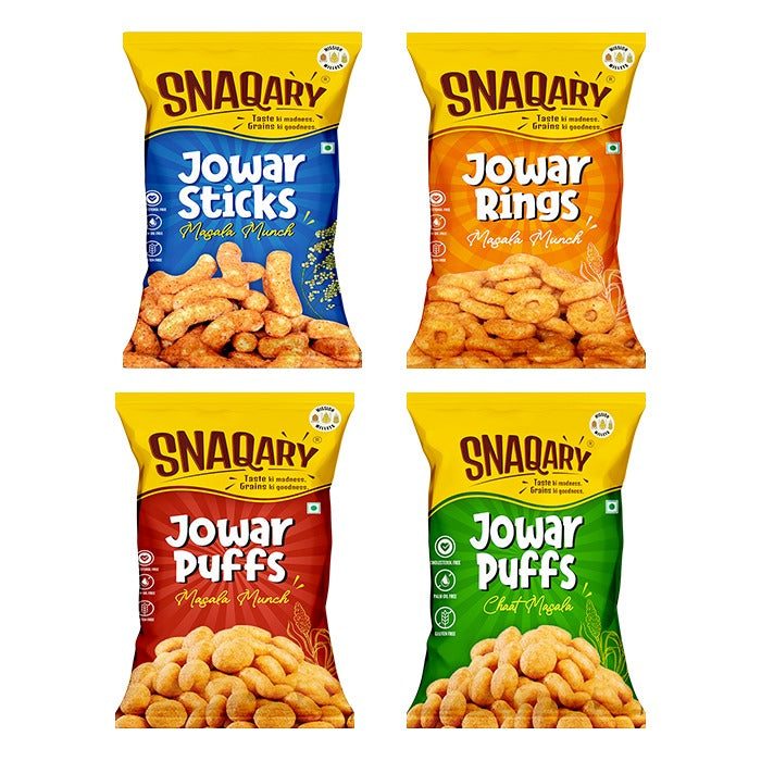 Snaqary Puff Combo Jowar Puff - chaat Masala | Jowar Puff - Masala Munch | Jawar Rings | Jawar Sticks (4packs 70g Each)